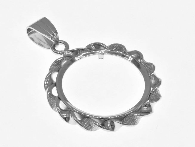 Münzfassung Anhänger aus rhodiniertem 925 Sterling Silber mit einem Durchmesser von 21 mm für Münzen bis 2,5 cm, geschmackvolles Design, Hersteller Juwelier Harnisch.