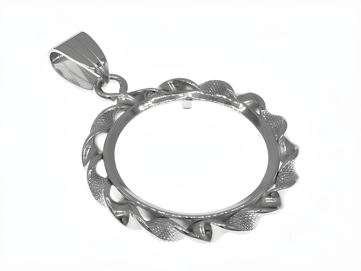 Münzfassung Anhänger aus rhodiniertem 925 Sterling Silber mit einem Durchmesser von 21 mm für Münzen bis 2,5 cm, geschmackvolles Design, Hersteller Juwelier Harnisch.