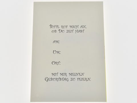 Einladungskarte von Juwelier Harnisch mit dem Motiv einer Fee, Sternen und Blümchen, gestaltet für einen Geburtstag, Platz für persönliche Angaben. Set mit fünf Karten.