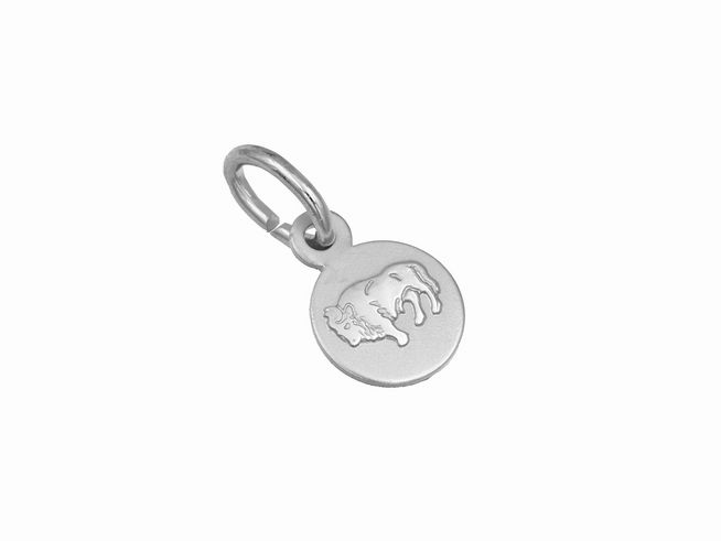 Silber Anhänger mini Sternzeichen Stier teilmattiert rhodiniert rund vom Hersteller Juwelier Harnisch mit einer stilisierten Darstellung des Stiers.