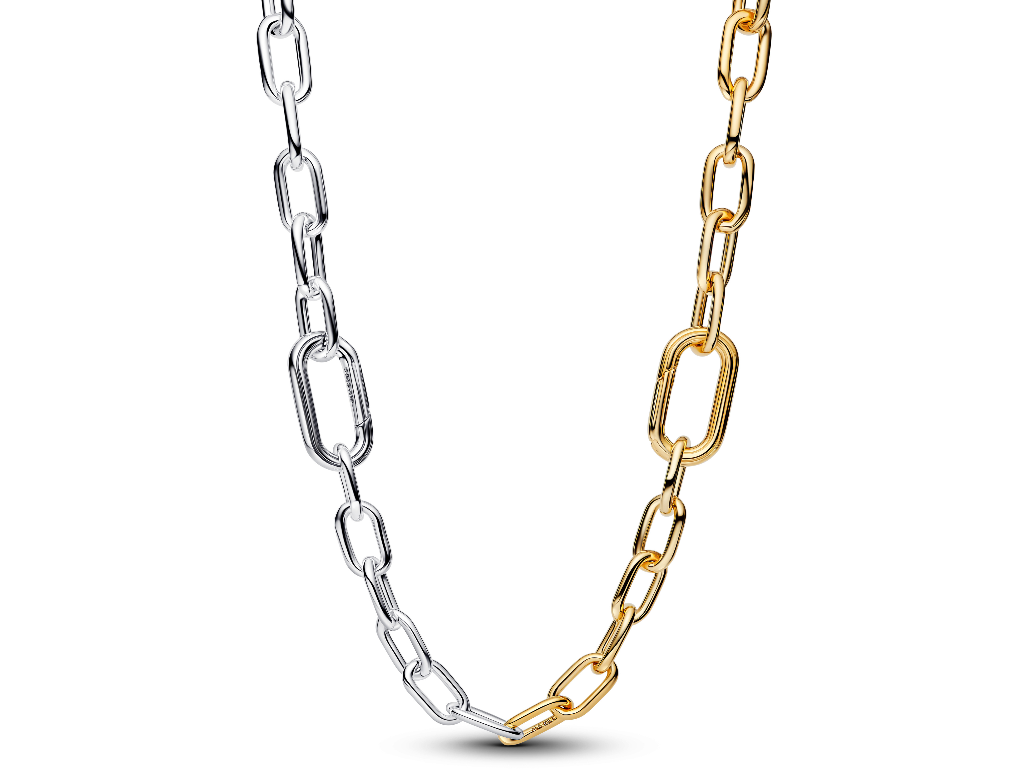 Schöne Pandora ME Gliederhalskette aus Silber und vergoldetem Gelbgold, kombiniert in einem modernen Design, Länge 45 cm, ideal für stilvolle Akzente.