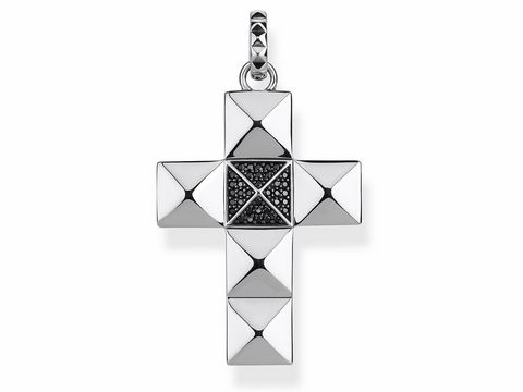 Schwarzer Silberanhänger in Kreuzform von Thomas Sabo mit quadratischen und dreieckigen Elementen, verziert mit schwarzen Steinen im Zentrum, glänzende Oberfläche, elegante Kette nicht enthalten.