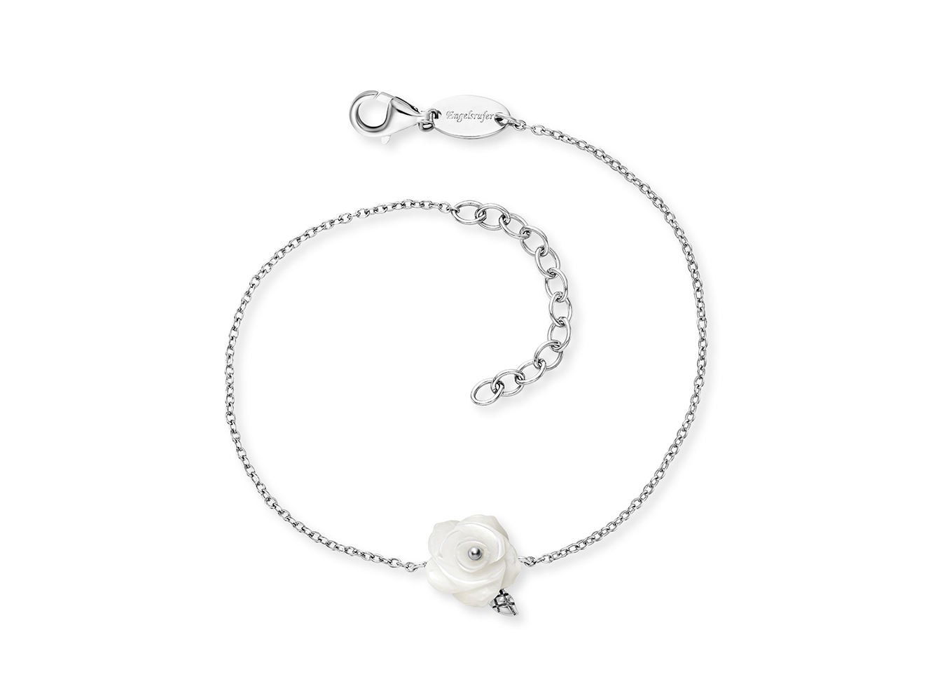Engelsrufer ERB-ROSE-PE ROSE Armband mit einer eleganten Perlmuttblüte und einem kleinen Anhänger aus rhodiniertem Silber, filigrane Kette mit individuell verstellbarer Länge.