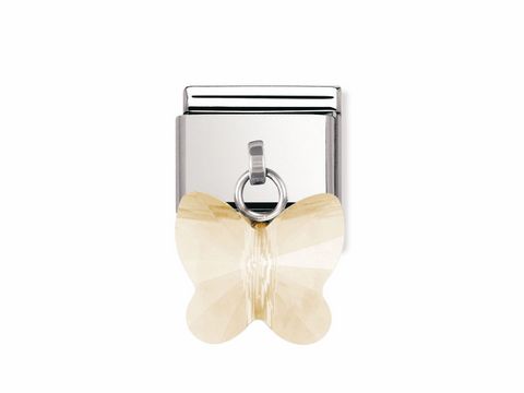 Classic Schmetterling Champagner von Nomination, Charms, zeigt einen stilisierten Schmetterling in champagnerfarbene Kristalloptik mit glänzendem Edelstahlanhänger.