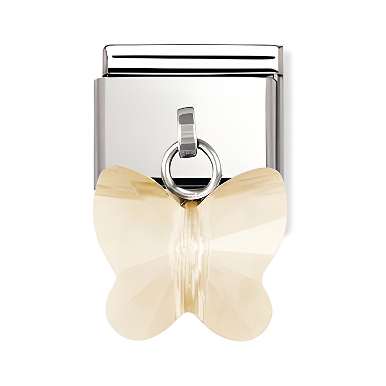 Classic Schmetterling Champagner von Nomination, Charms, zeigt einen stilisierten Schmetterling in champagnerfarbene Kristalloptik mit glänzendem Edelstahlanhänger.