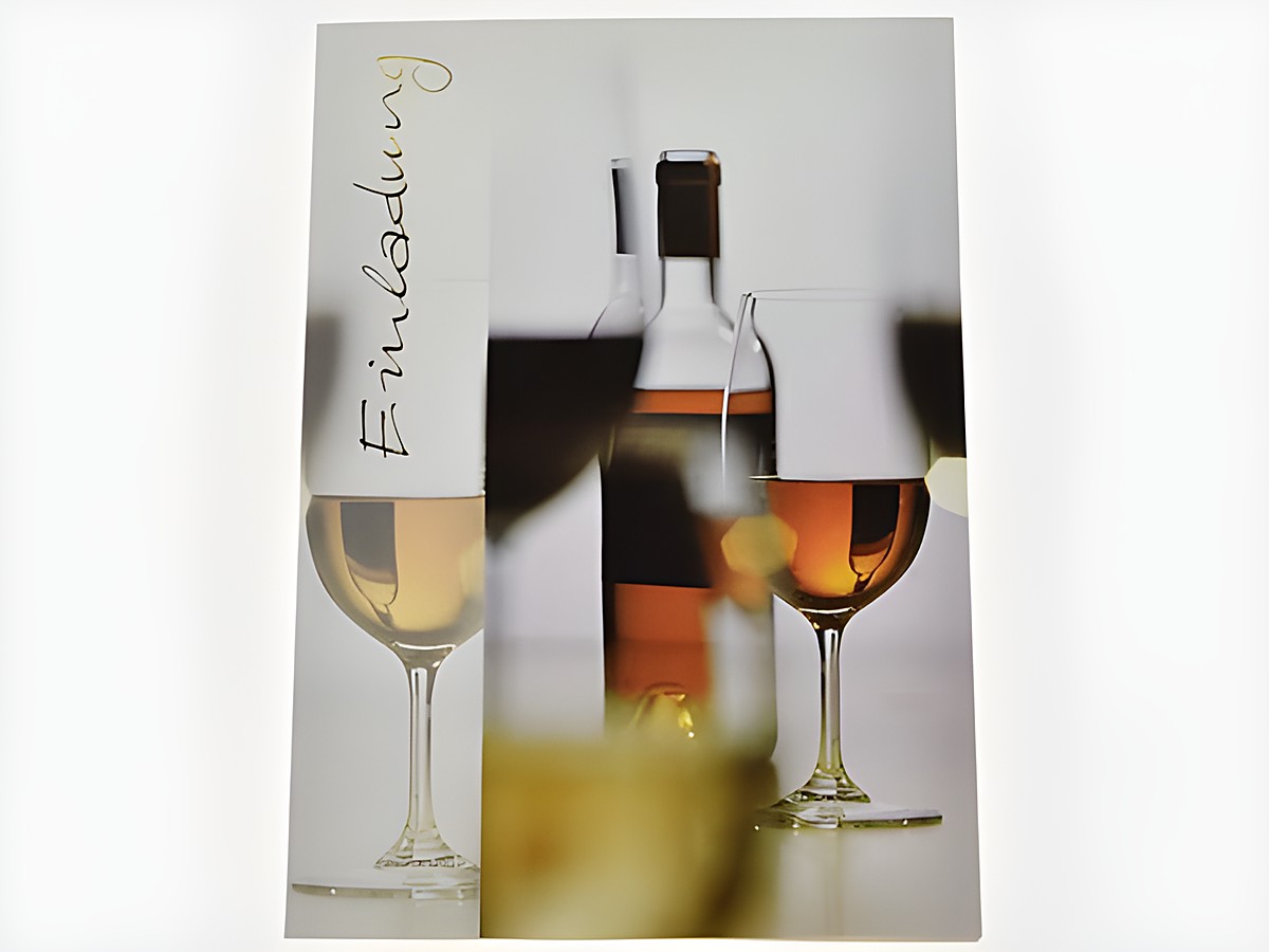 Einladungskarte mit dem Schriftzug Einladung, im Hintergrund Weingläser und eine Weinflasche, stilvolle Gestaltung, Hersteller Juwelier Harnisch, Set mit 5 Karten.