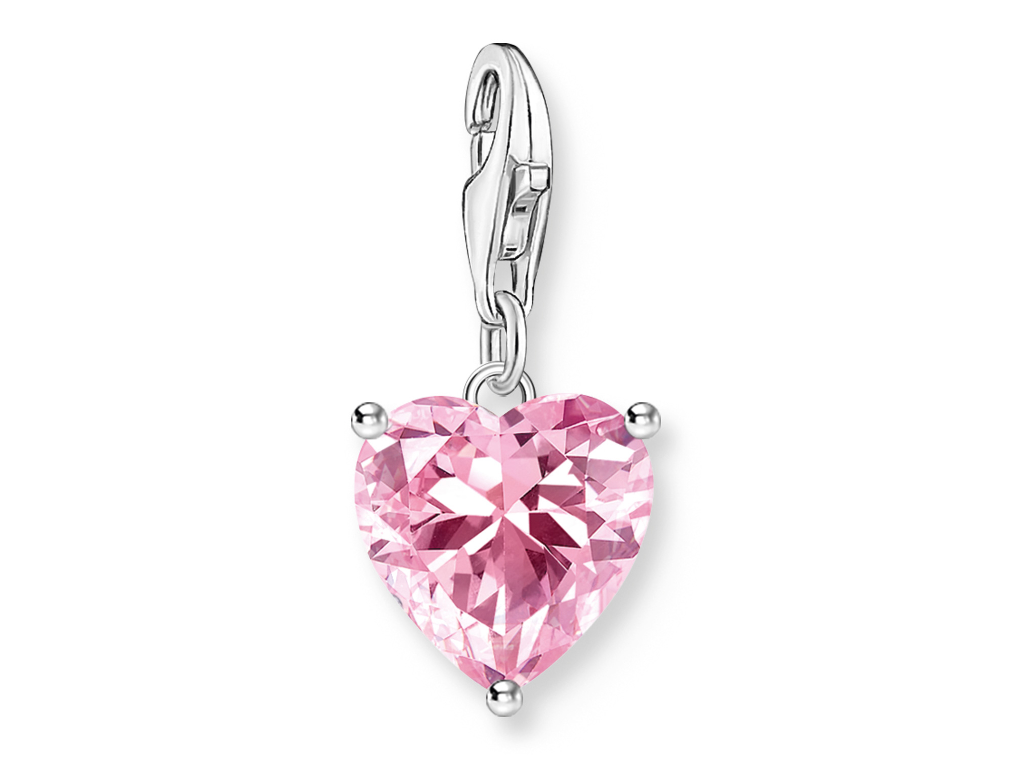 Thomas Sabo Charm-Anhänger in Herzform aus rosa Kristall, glänzend und funkelnd, mit silbernem Karabinerhaken zum Anhängen, Marke Thomas Sabo, Neuheit aus der Kollektion As We Love.