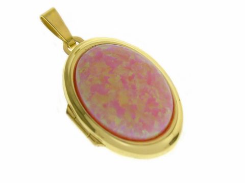 Opal rosafarbene Medaille in ovaler Form, eingelassen in einem goldenen Rahmen aus 585 Gold, hergestellt von Juwelier Harnisch, geeignet für individuelle Schmuckdesigns.