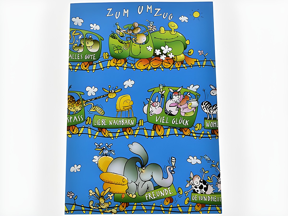 Ein fröhlicher Zug mit Tieren fährt über eine blau gestaltete Grußkarte, auf der Glückwünsche wie viel Glück, Freunde und Gesundheit sowie Illustrationen von bunten Tieren zu sehen sind.