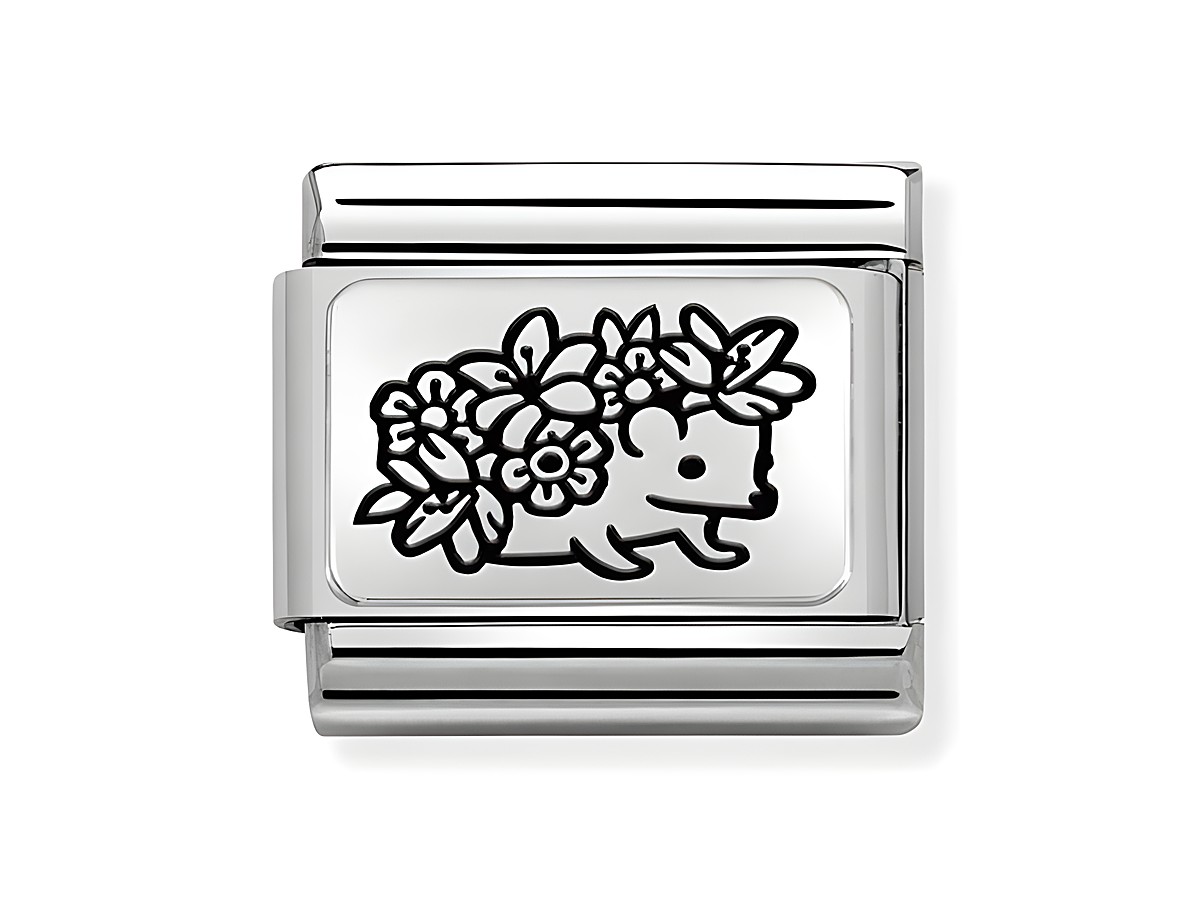 Edelstahl Charm von Nomination Classic Silber 330111 29 zeigt einen Igel mit Blumenmotiven, gefertigt aus hochwertigem Sterling Silber und ideal für Schmuckliebhaber.