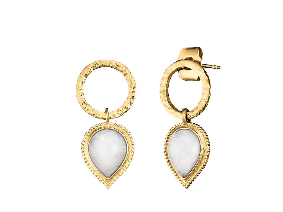 Engelsrufer ERE-PUREDROP-MO-G MOONDROP Ohrstecker Pure platiert mit Mondstein in Gelbgold Vergoldung auf Silber, tropfenförmiges Design mit einem ringförmigen Element.