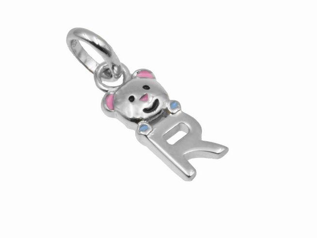 Teddy Anhänger Buchstabe R aus 925 Sterling Silber, poliert und rhodiniert, für Kinder, hergestellt von Juwelier Harnisch.