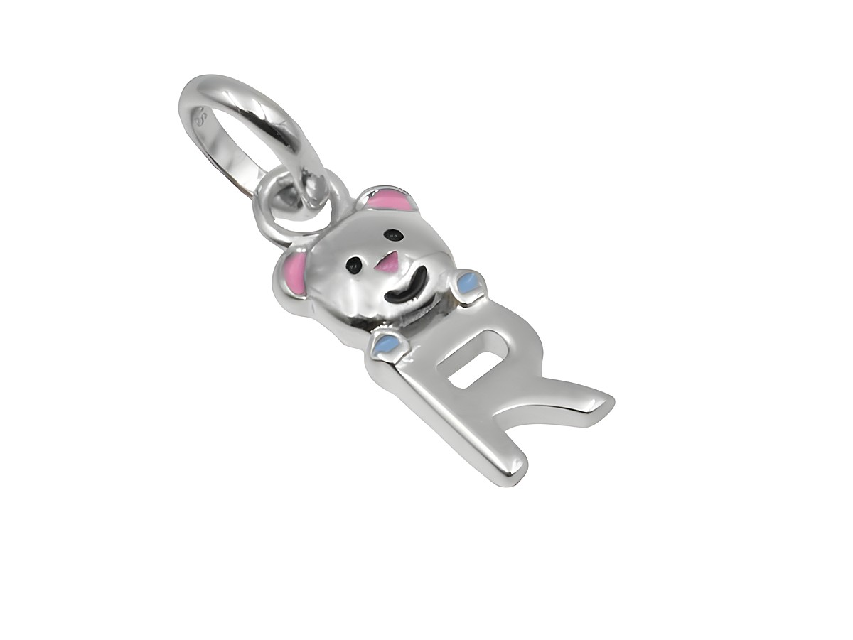 Teddy Anhänger Buchstabe R aus 925 Sterling Silber, poliert und rhodiniert, für Kinder, hergestellt von Juwelier Harnisch.