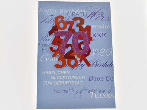 Eine Geburtstagskarte des Herstellers Juwelier Harnisch mit dem Schriftzug Happy Birthday in verschiedenen Sprachen, farbenfrohe Zahlen und eine elegante Gestaltung für Geburtstagsgrüße.