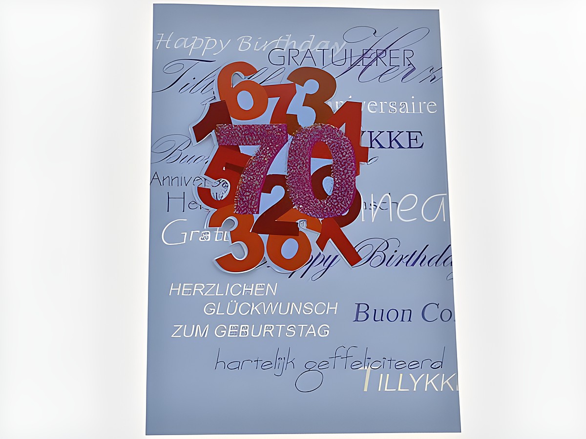 Eine Geburtstagskarte des Herstellers Juwelier Harnisch mit dem Schriftzug Happy Birthday in verschiedenen Sprachen, farbenfrohe Zahlen und eine elegante Gestaltung für Geburtstagsgrüße.