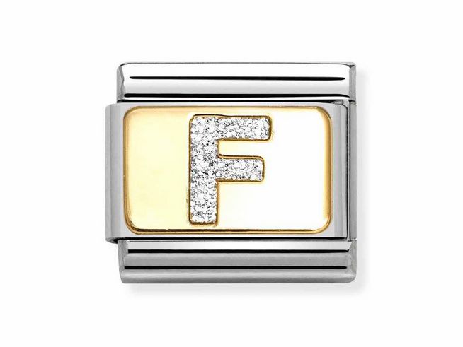 Classic Buchstabe F in Silber mit Glitzer und gelbgoldener Hintergrundplatte, hergestellt von Nomination, für individuelle Armbänder geeignet. Gold- und Edelstahlakzente.