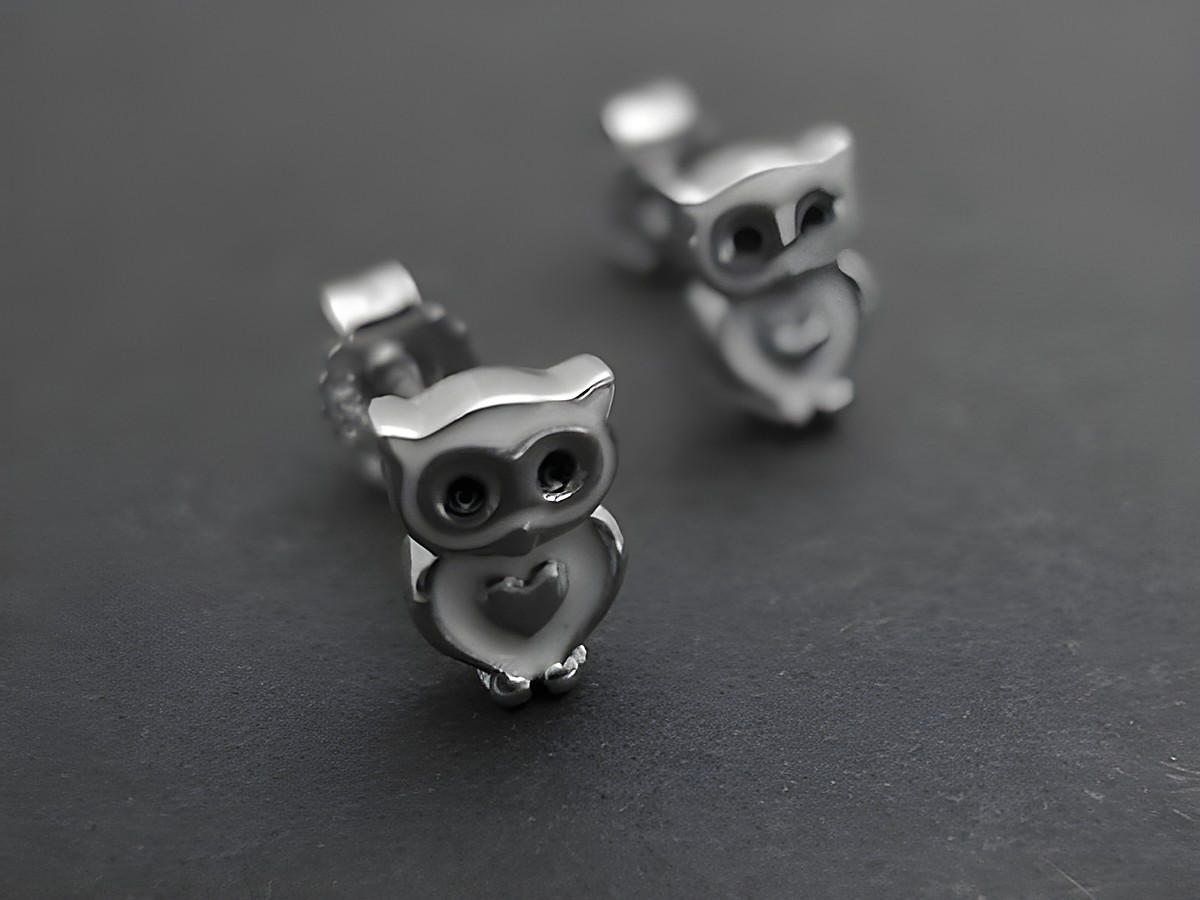 Ohrringe in Form von Eulen aus rhodiniertem Sterling Silber, symbolisch in weiß-schwarz, ohne Stein, von Juwelier Harnisch, stilvolle Ohrstecker.