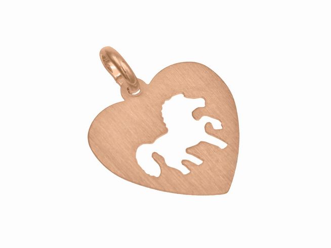 Herzanhänger mit mattierter Roségold-Oberfläche, gestanzt mit einer Pferdemotiv-Silhouette, hergestellt von Juwelier Harnisch, ideal für Tierliebhaber.