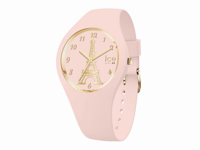 Die Ice Watch Uhr 023246 - ICE cocorico Rosa - ist eine rosa Uhr mit einem goldenen Zifferblatt, das den Eiffelturm zeigt. Sie hat ein weiches Armband und eignet sich perfekt für modebewusste Träger.