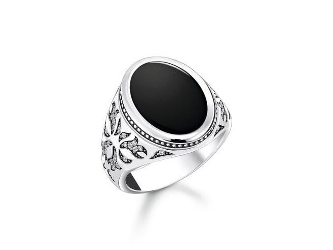 Rebel Wolf Ring von Thomas Sabo aus Silber mit schwarzem Onyx und Zirkonia, Größe 62, mit filigranem Design und mattem Finish. Eleganter und markanter Herrenschmuck.
