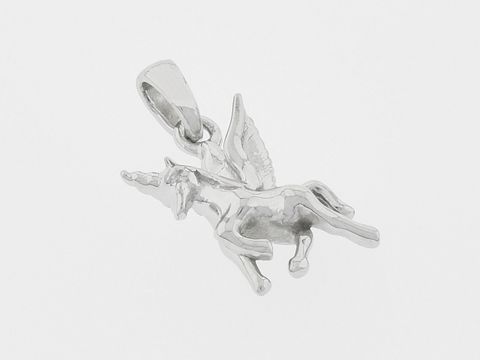 Geflügeltes Einhorn aus Silber als Anhänger, märchenhaft gestaltet und rhodiniert, Hersteller Juwelier Harnisch, ideal für Tierliebhaber und als besondere Schmuckstück.