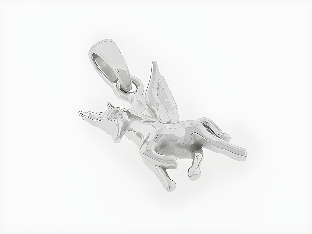Geflügeltes Einhorn aus Silber als Anhänger, märchenhaft gestaltet und rhodiniert, Hersteller Juwelier Harnisch, ideal für Tierliebhaber und als besondere Schmuckstück.