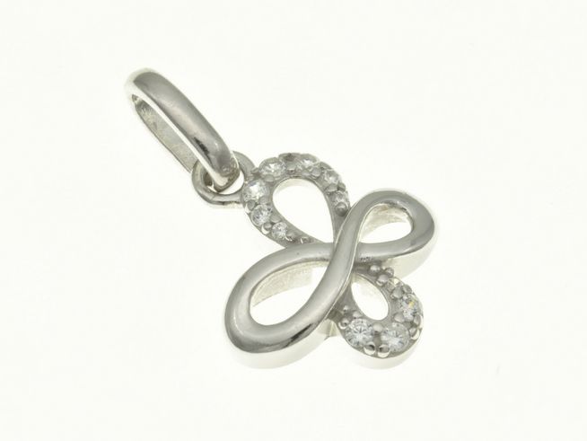 Knoten-Unendlichkeit Anhänger aus rhodiniertem Sterling Silber mit Zirkonia besetzt, elegantes Design von Juwelier Harnisch, ideal für verschiedene Anlässe.