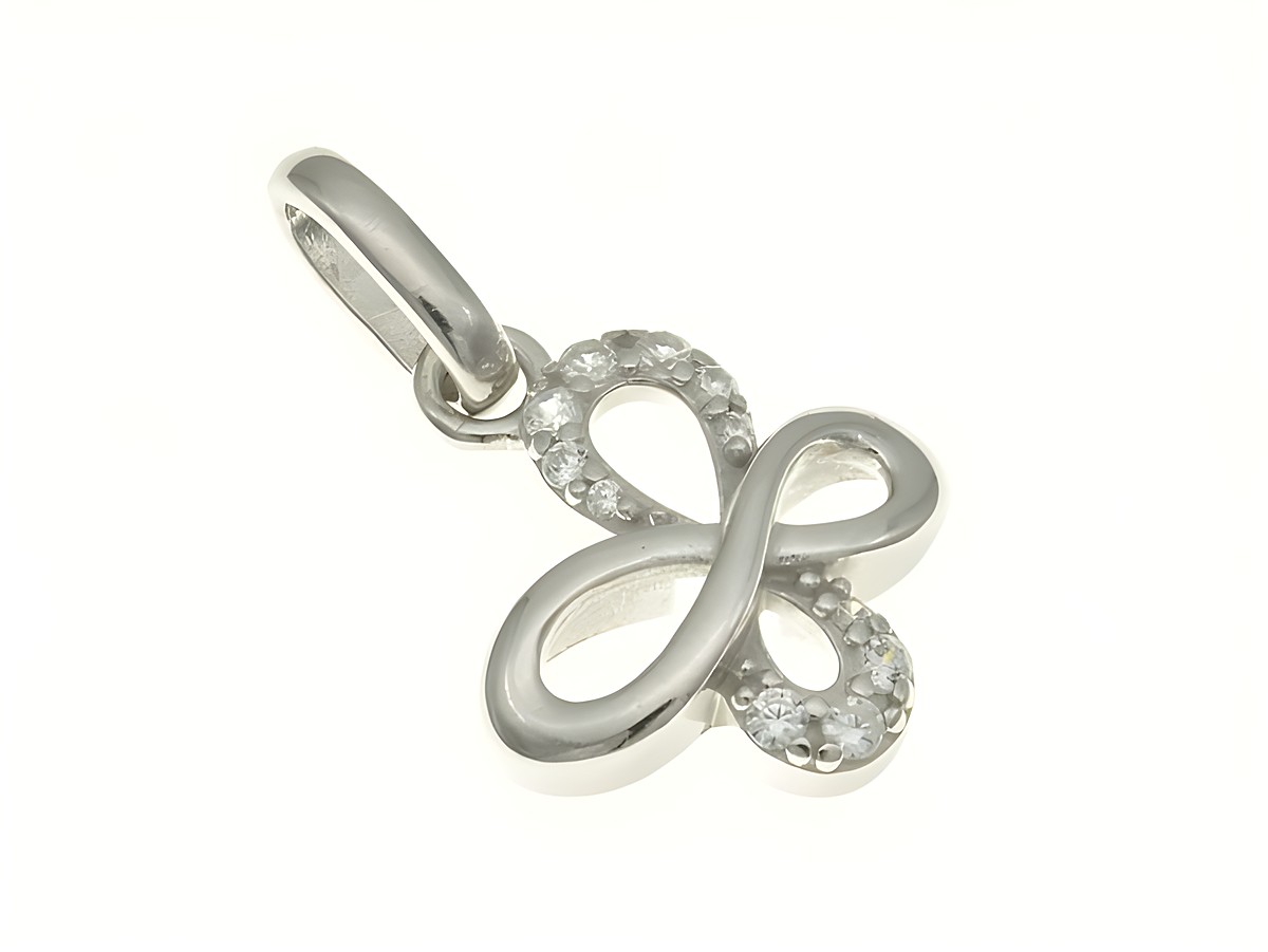 Knoten-Unendlichkeit Anhänger aus rhodiniertem Sterling Silber mit Zirkonia besetzt, elegantes Design von Juwelier Harnisch, ideal für verschiedene Anlässe.