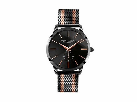 Herrenaufwatch von Thomas Sabo mit Edelstahlgehäuse, schwarzem Ziffernblatt und Edelstahlband mit gelbgoldfarbenen Streifen, Modell WA0282-285-203-42 mm.