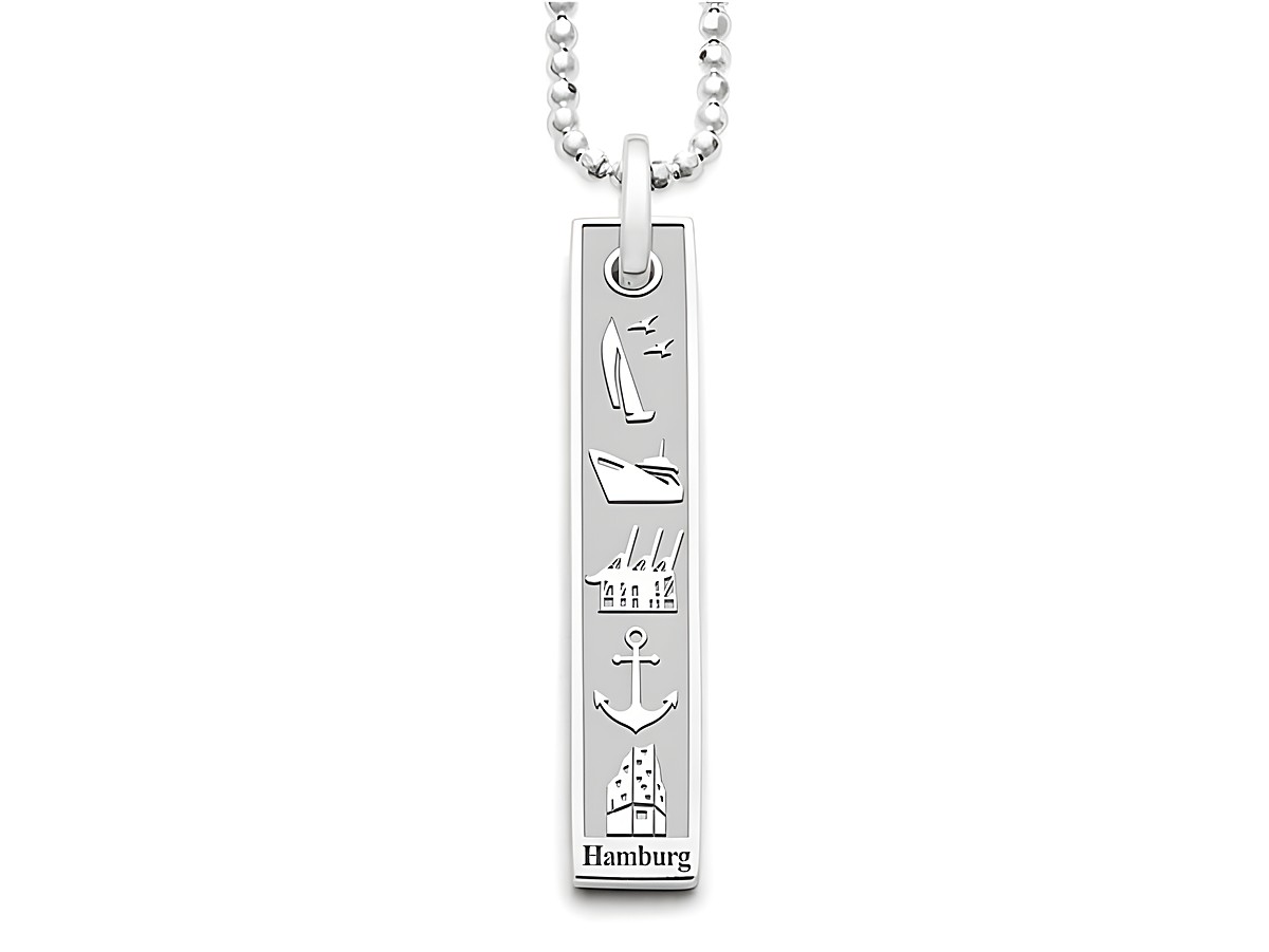 DUR Anhänger Hamburg aus rhodiniertem Sterling Silber zeigt stilisierte Motive wie Segelboote, einen Anker und die Skyline mit Bauwerken, ideal für maritimen Schmuckliebhaber.