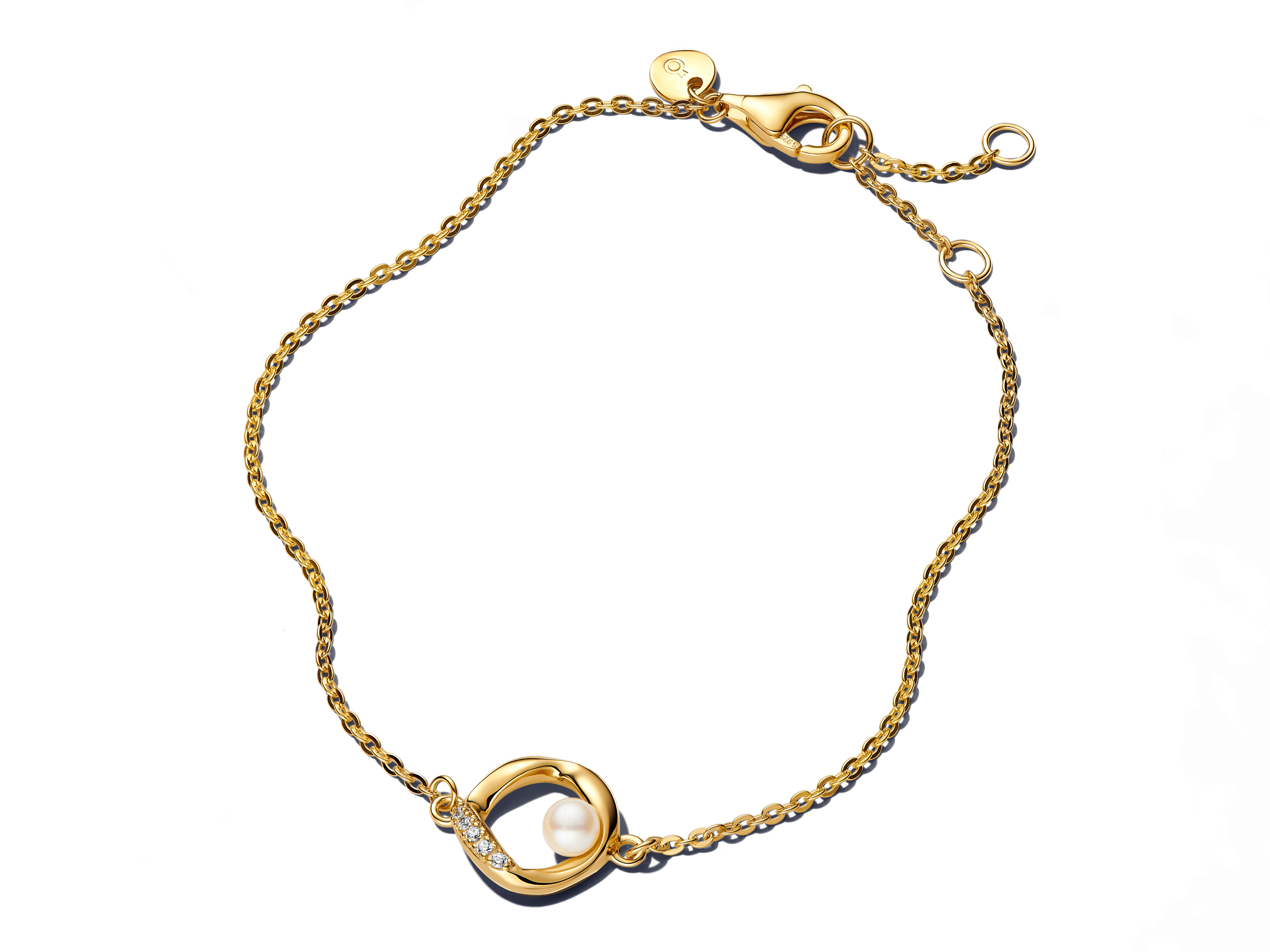 Organisch geformter Pavé-Kreis mit Zuchtperlen-Armband aus vergoldetem Silber von Pandora in einer Länge von 20 cm, elegantes Design mit funkelnden Details und stilvollem Verschluss.