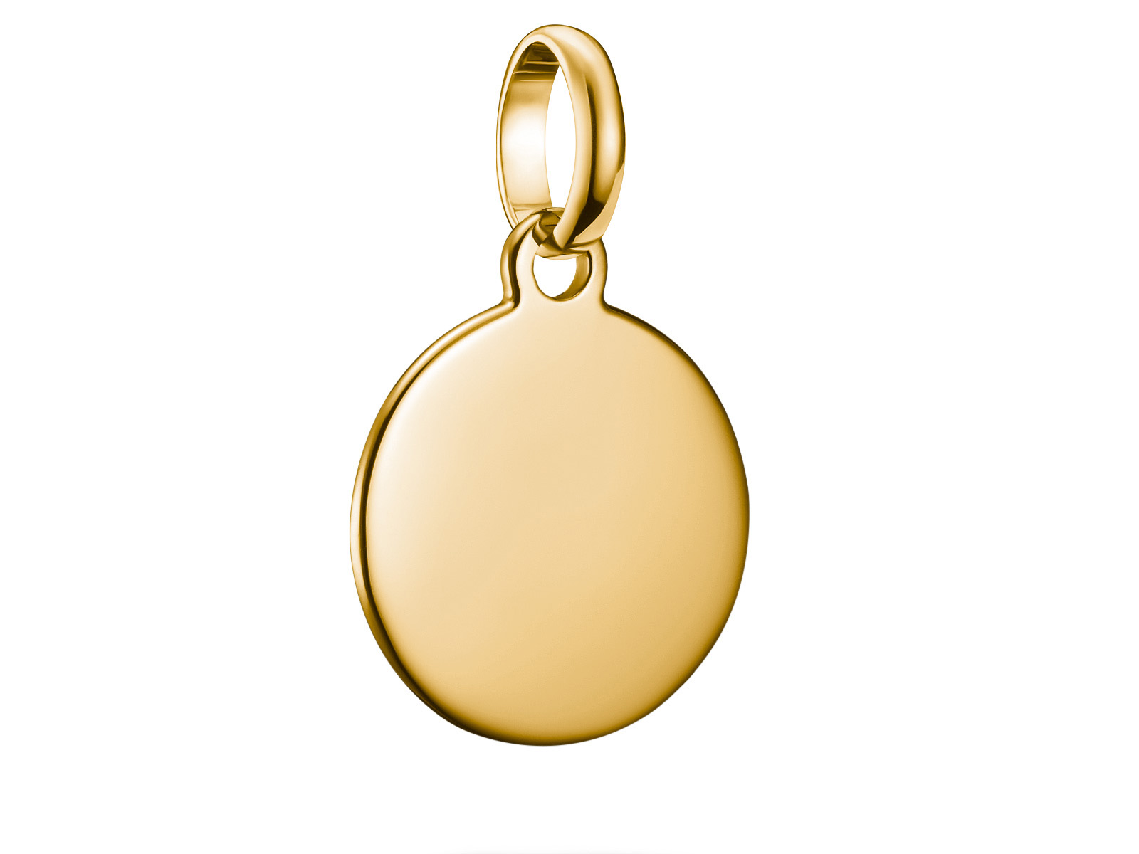 Silberner Charm mit einer gelbgoldenen Oberfläche und einer Öse zur Befestigung, flache runde Form mit einem Durchmesser von 13,5 mm, aus der Thomas Sabo Charm Club CONNECT Kollektion.