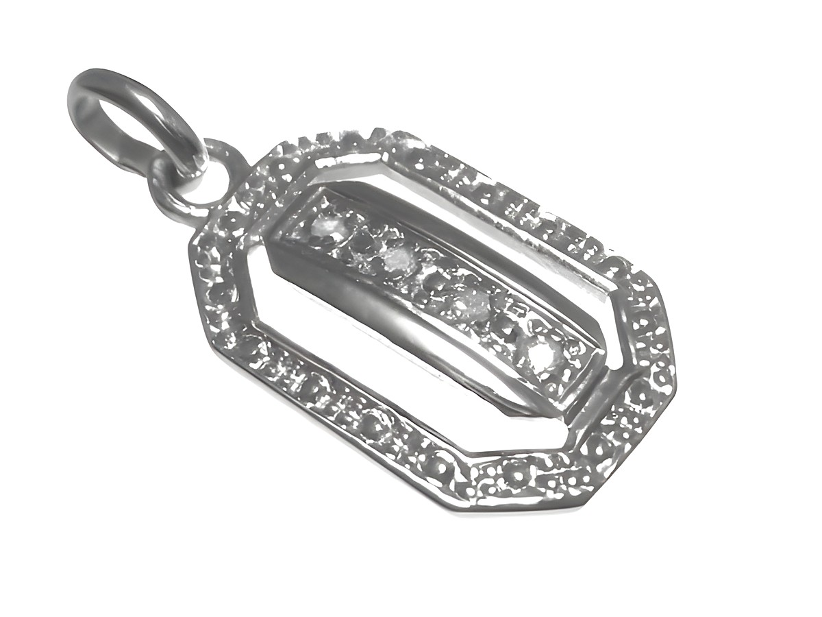 Länglich diamantierter Goldanhänger aus Weißgold mit einem rechteckigen Design und funkelnden Diamanten von Juwelier Harnisch, Größe 18 mm.