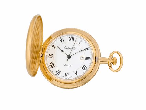 Taschenuhr vergoldet mit Deckel und Quarz Werk, Datumsanzeige, mattiert, Hersteller: Juwelier Harnisch. Elegantes Design mit römischen Ziffern auf dem Zifferblatt.