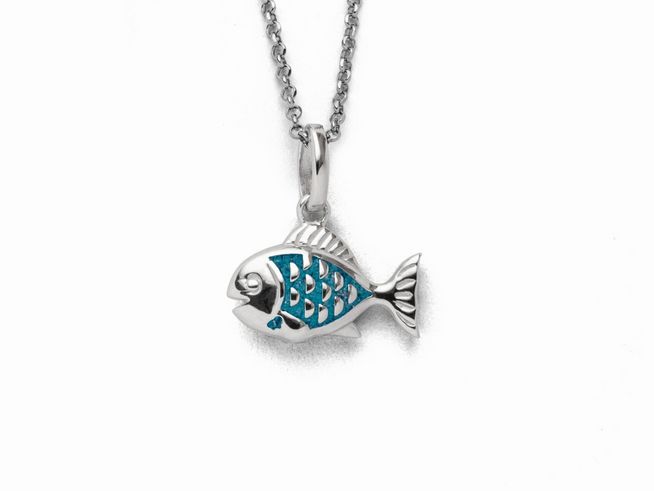 Sterling Silber Kette mit einem Fisch-Anhänger aus Steinsand in Türkis, die Kette ist 42 cm lang und hat ein elegantes Design, ideal für jeden Anlass.