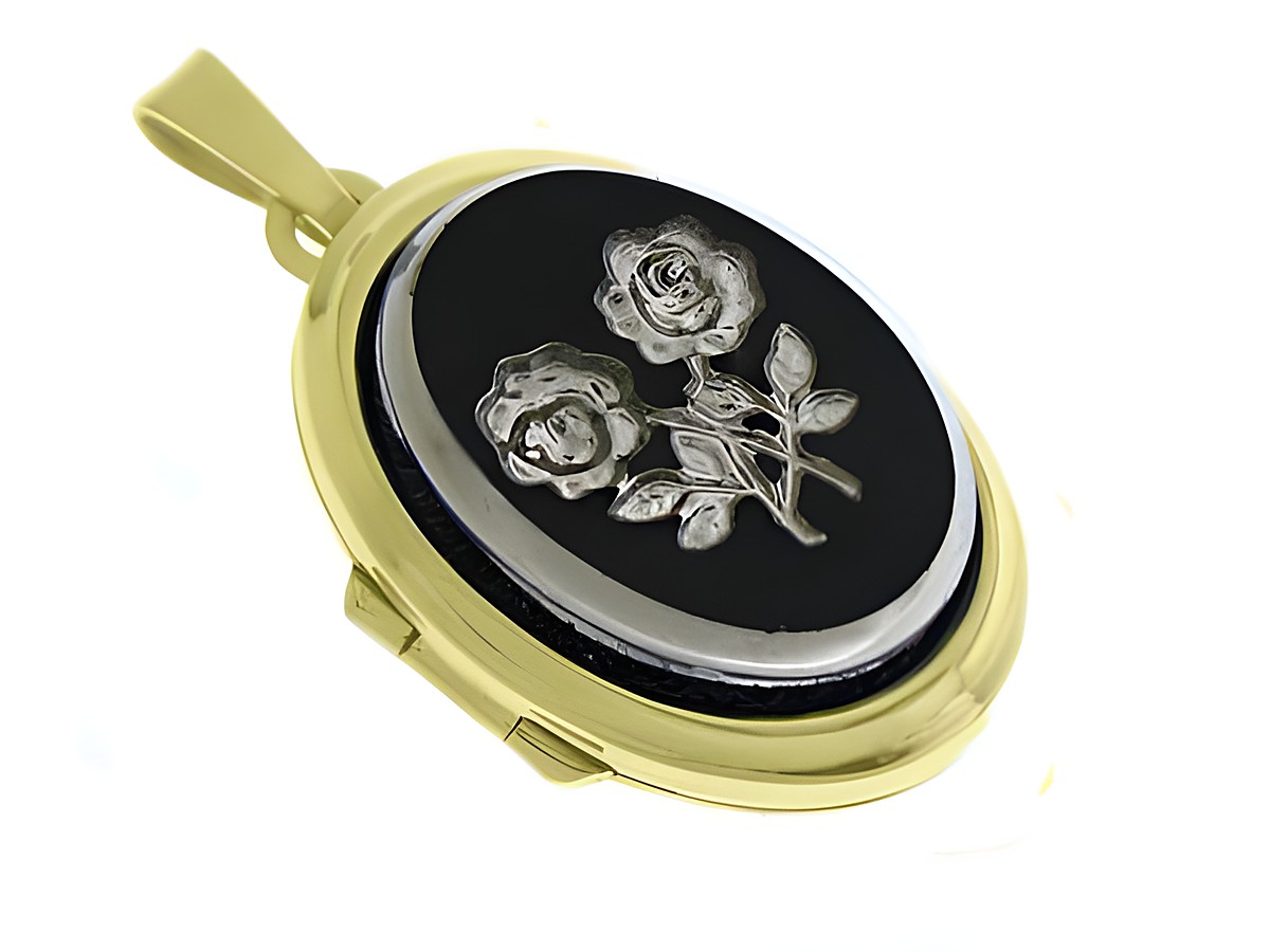 Blümchen Medaillon mit Cabochon in Gold 585, verziert mit silbernen Rosendetails. Hersteller Juwelier Harnisch. Ein elegantes Schmuckstück für besondere Anlässe.