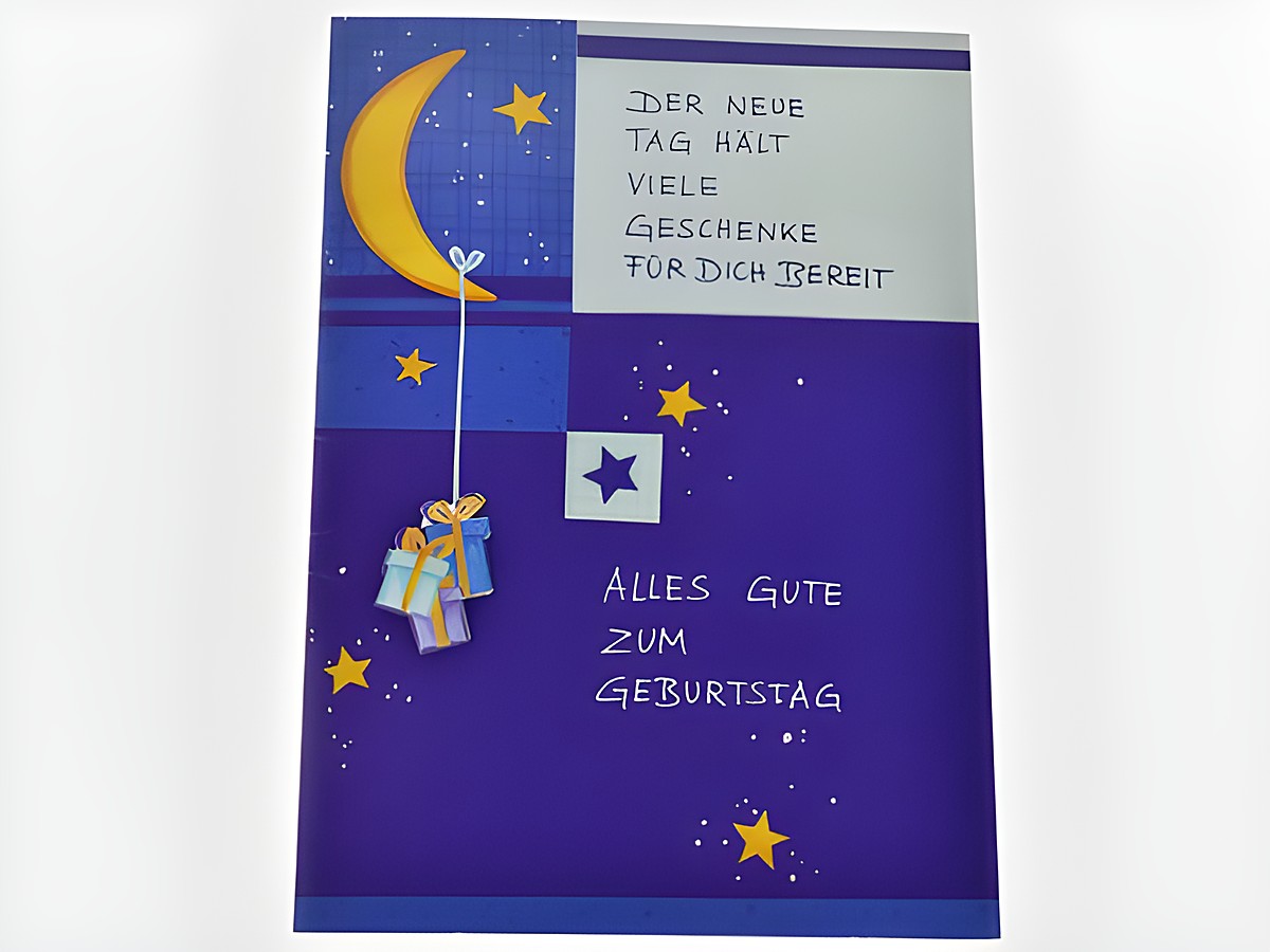 Geburtstagskarte mit Halbmond und kleinen Päckchen, gestaltet in Blau- und Gelbtönen, mit dem Text alles Gute zum Geburtstag und einem Hinweis auf Geschenke. Hersteller Juwelier Harnisch.