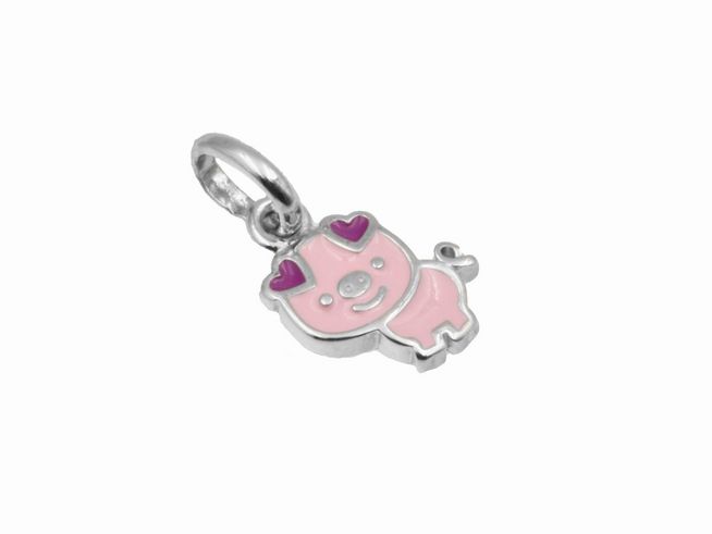 Charm in Form eines niedlichen Schweinchens aus 925 Sterling Silber, poliert und rhodiniert, mit bunten Details, geeignet für Kinder, hergestellt von Juwelier Harnisch.