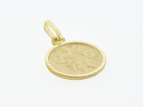 Gold Anhänger aus 333 Gold mit einer Darstellung des Schutzpatrons Heiliger Christophorus, Durchmesser 1,2 cm, hergestellt von Juwelier Harnisch.