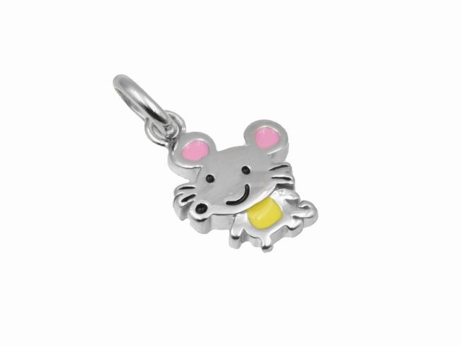 Anhänger Maus aus 925 Sterling Silber, poliert und rhodiniert, mit bunten Akzenten für Kinder, Hersteller Juwelier Harnisch, ideal als süßes Schmuckstück.