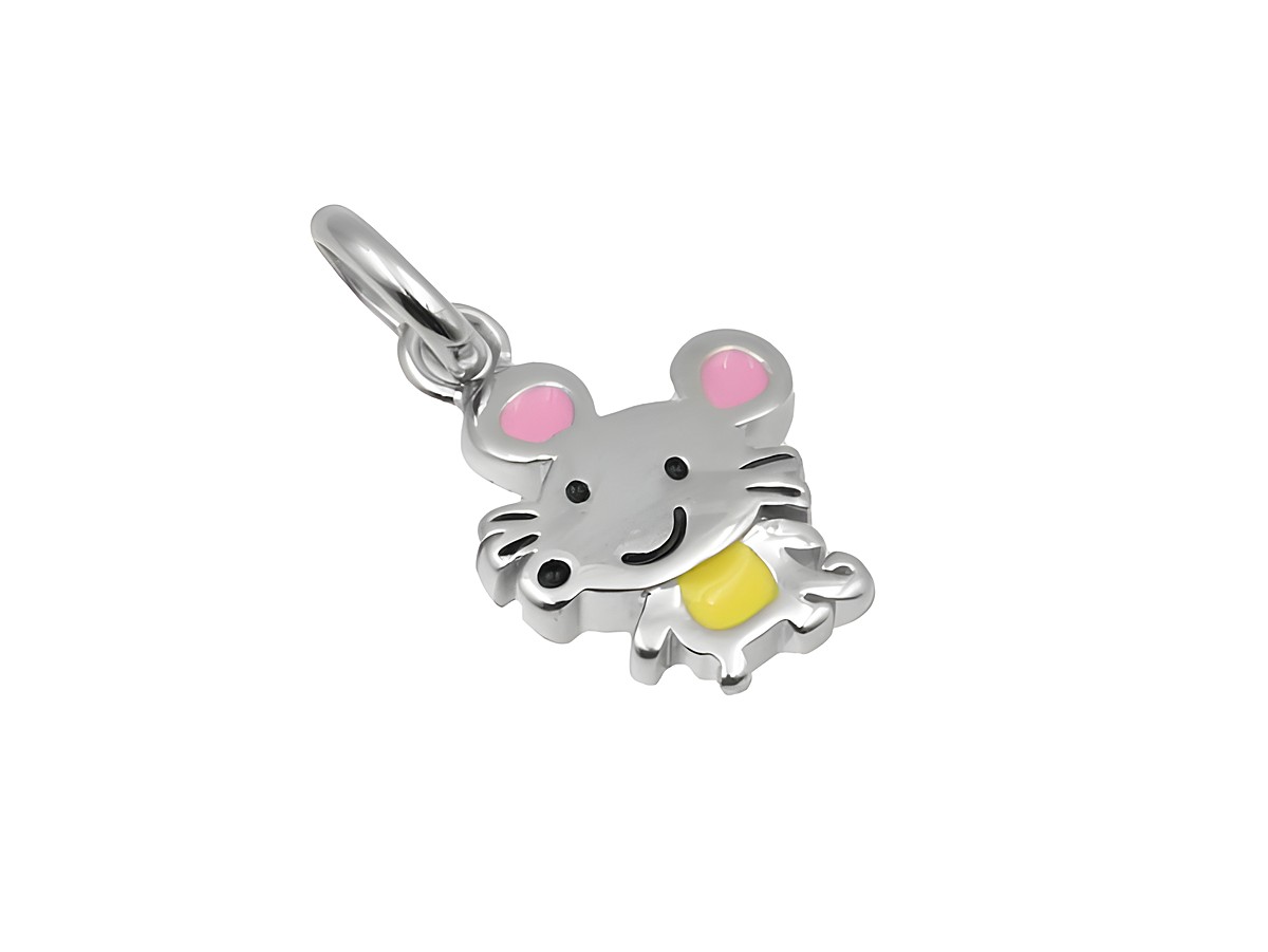 Anhänger Maus aus 925 Sterling Silber, poliert und rhodiniert, mit bunten Akzenten für Kinder, Hersteller Juwelier Harnisch, ideal als süßes Schmuckstück.