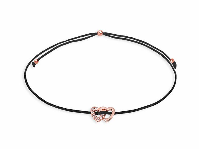 Xenox Sterling Silber ARMBAND XS1685R CRAZY DAISY in Roségold Vergoldung mit zwei Herzen, eines mit Zirkonia, auf schwarzem Band, ideal für einen eleganten Look.