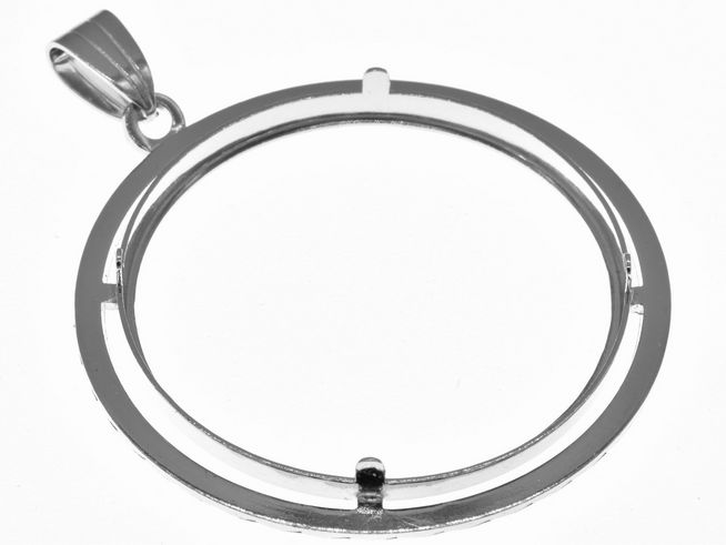 Münzfassung Anhänger diamantiert aus 925 Sterling Silber rhodiniert, für Münzen bis 34 mm Durchmesser, hergestellt von Juwelier Harnisch, ideal für 35 mm Münzen.