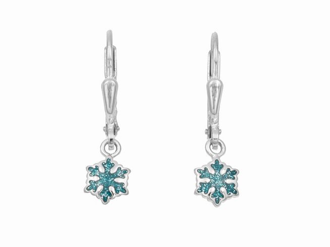 Ohrringe in Schneeflockenform aus poliertem rhodiniertem Sterling Silber mit glitzerndem hellblauen Lack, hergestellt von Juwelier Harnisch, für Kinder geeignet.