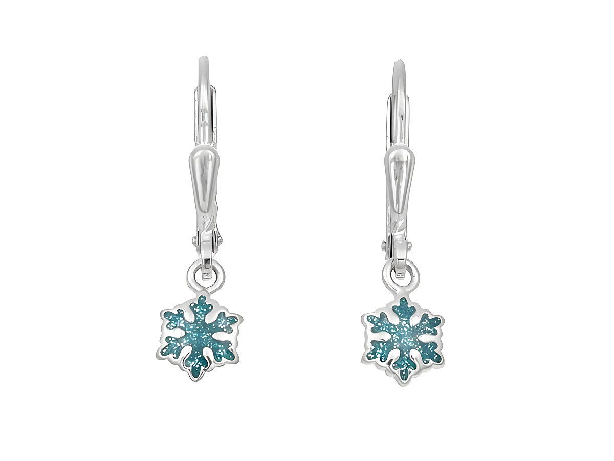 Ohrringe in Schneeflockenform aus poliertem rhodiniertem Sterling Silber mit glitzerndem hellblauen Lack, hergestellt von Juwelier Harnisch, für Kinder geeignet.