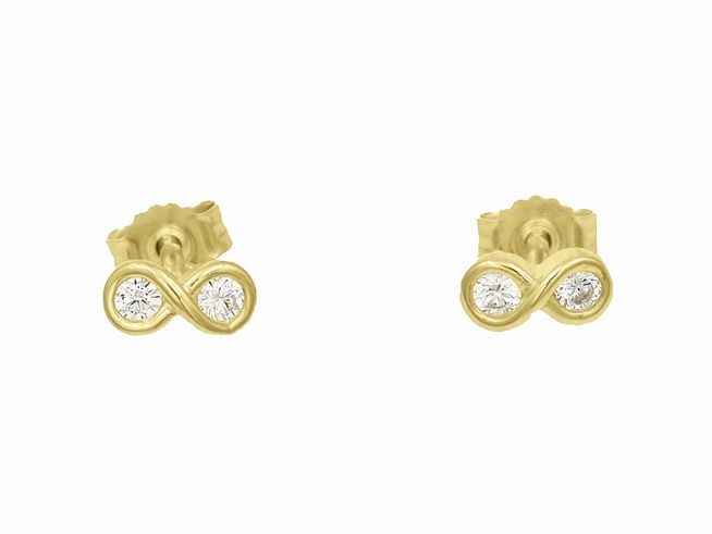 Ohrstecker mit Unendlichkeitszeichen aus vergoldetem Sterling Silber, poliert, verziert mit weißen Zirkonia. Hersteller Juwelier Harnisch.