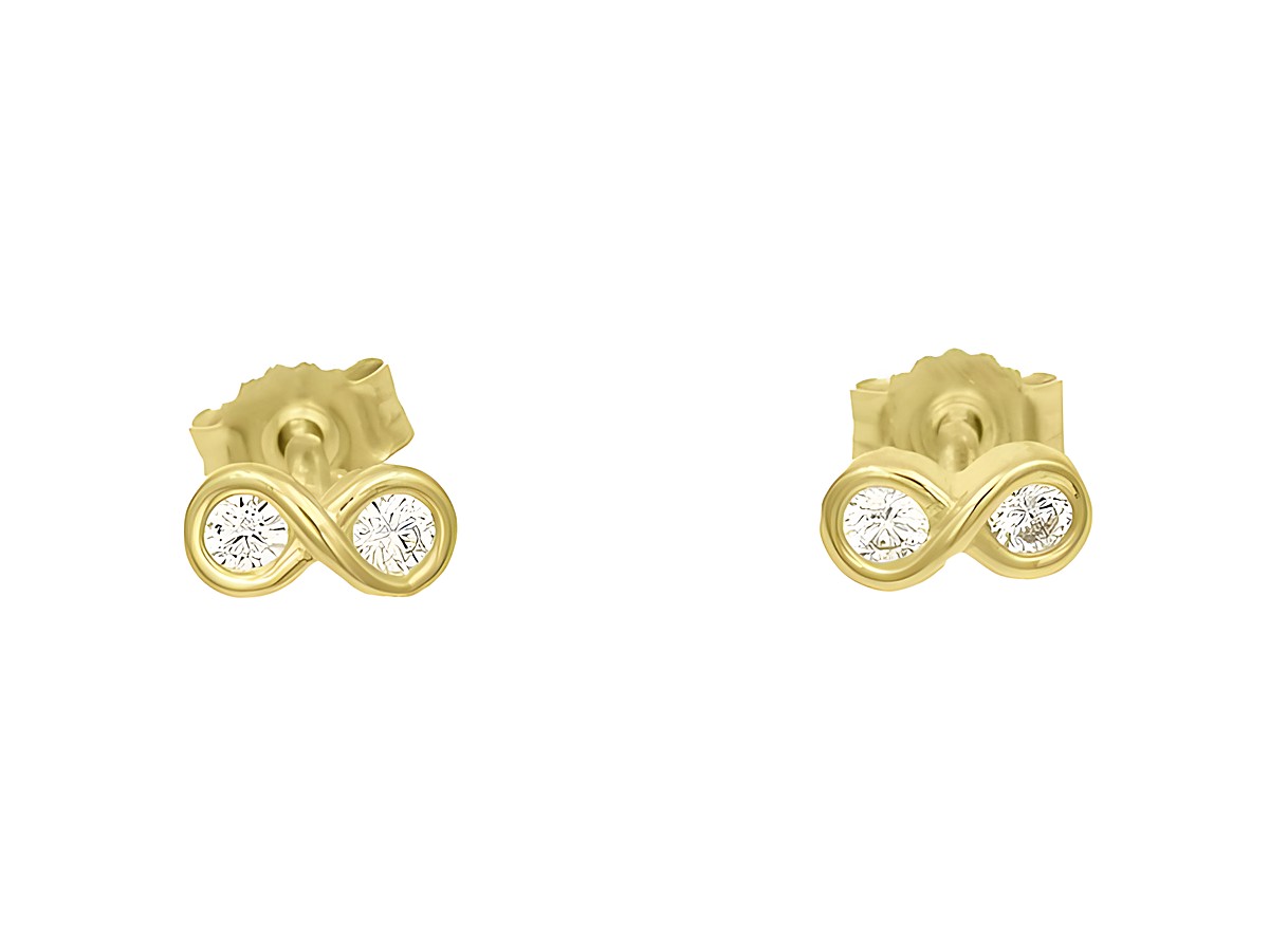 Ohrstecker mit Unendlichkeitszeichen aus vergoldetem Sterling Silber, poliert, verziert mit weißen Zirkonia. Hersteller Juwelier Harnisch.