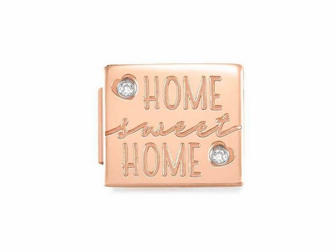 Edelstahl Charm von Nomination in Roségold PVD-Beschichtung mit der Gravur Home sweet home und zwei funkelnden Cubic Zirconia Steinen.