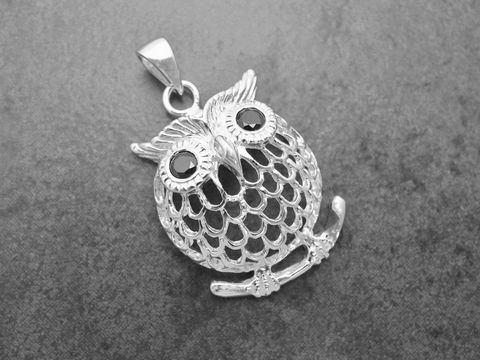 Silber Anhänger einer Eule auf einem Ast, mit Zirkonia in schwarz, symbolisiert einen Glücksbringer, hergestellt von Juwelier Harnisch, ideal für Tierliebhaber.