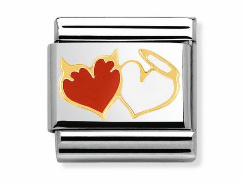 Das Bild zeigt ein Charm aus der Elegance Collection von Nomination mit dem Motiv von zwei Herzen, eines in Rot als Teufel und eines als Engel, in einem glänzenden silbernen Rahmen.